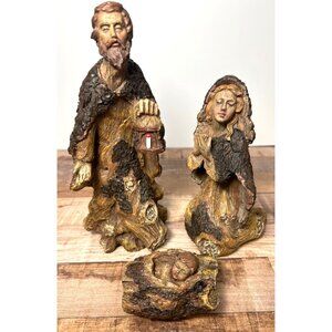 RARE Nativity Scene Figurine Set 3-Piece Handcrafted Wood-Look Rustic Style